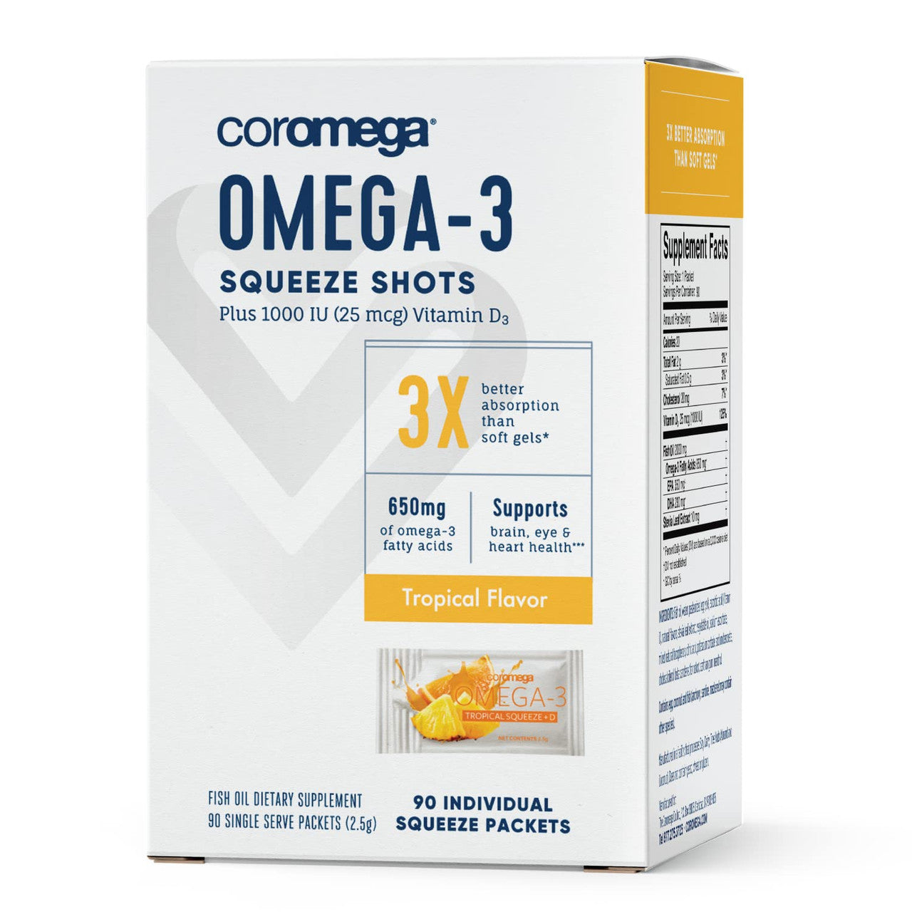 Coromega Omega 3 Fish Oil Supplement 650Mg with Vitamin D3, Orange Flavor, 90 Ea